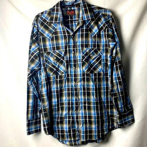 PLAINS WESTERN WEAR MENS SIZE MEDIUM BLUE BLACK PLAID SILVER METALLIC PEARL SNAP